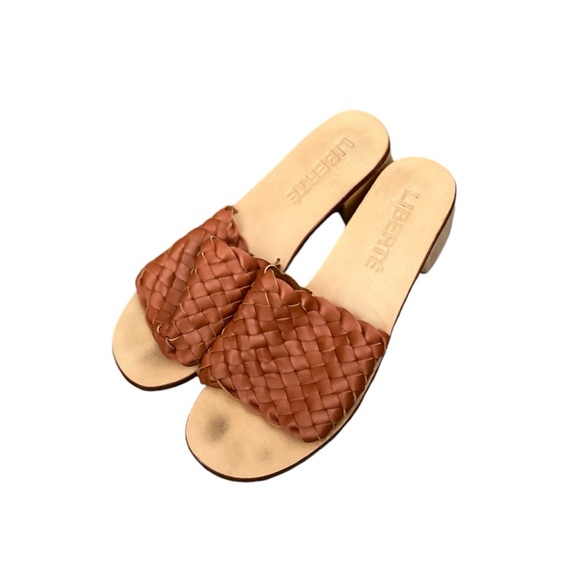 LIBERTÉ Santorini Leather Woven Cognac Mules Heeled Open Toe Sandals - Picture 7 of 14